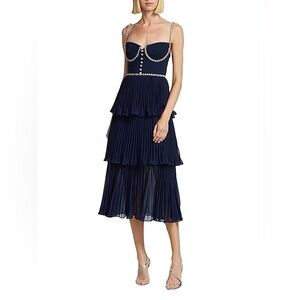 Self-Portrait Diamante-Embellished Pleated Chiffon Midi-Dress